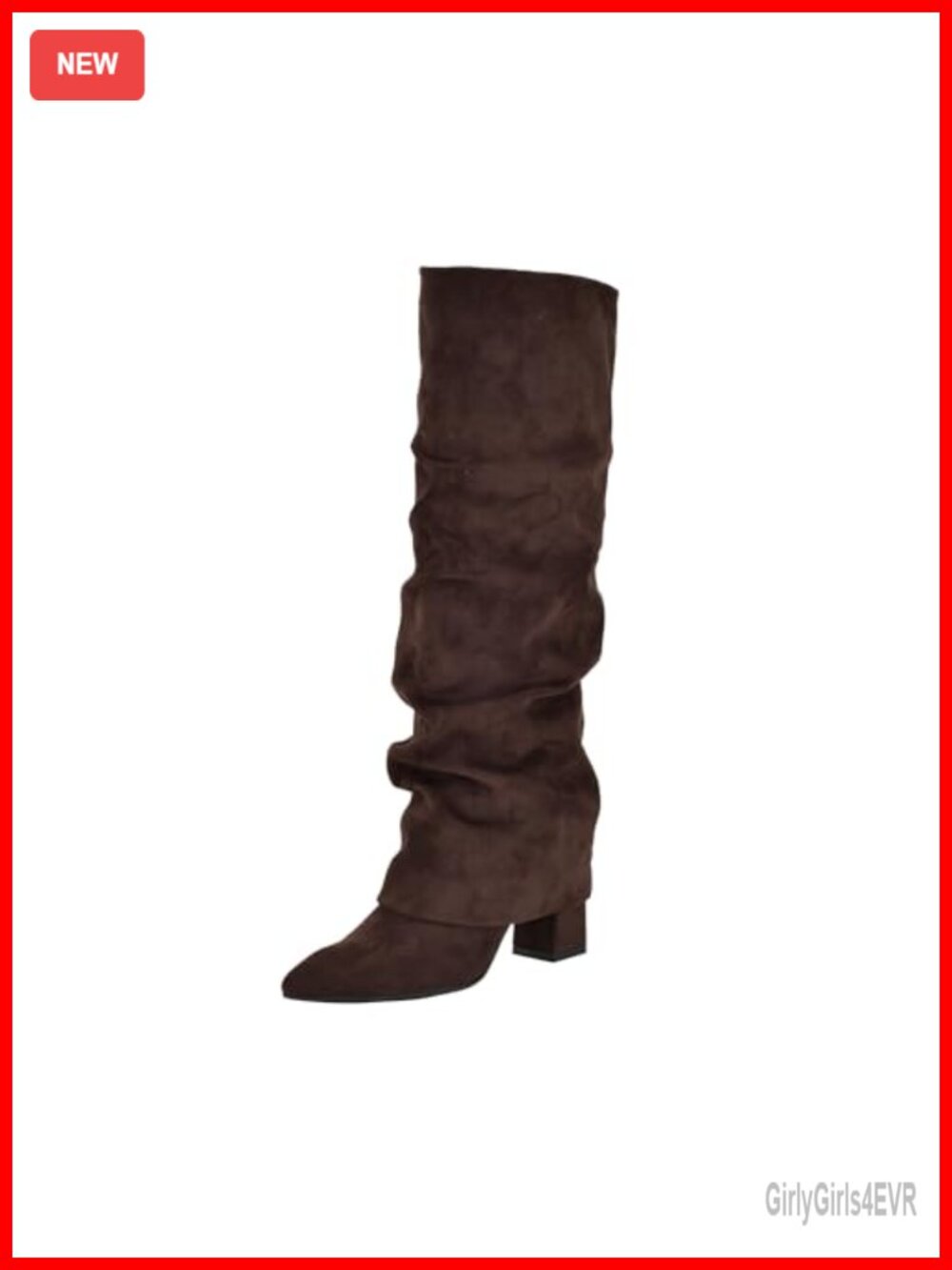 Faux Suede Knee High Block Heel Pull On Boots Pointed Toe Foldover